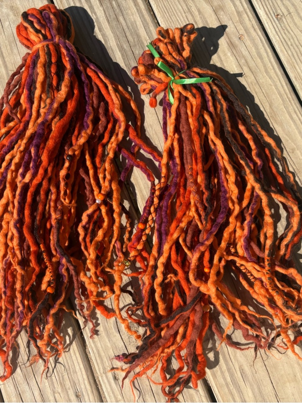 Handcrafted Orange, Copper, Purple Merino Wool Dreadlock Extensions